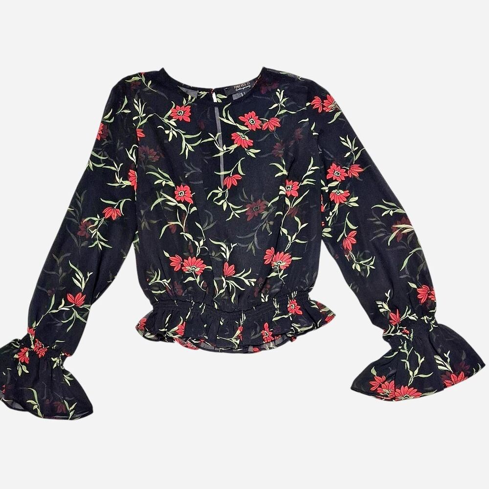Forever-21 Women's Floral Sheer Black Blouse W/ Bell Sleeves Size S